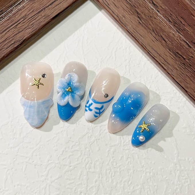 10Pcs Blue Flower Press on Nails Medium Almond Handmade Fake Nails 3D Flower with Gold Starfish Summer Press Ons Designs Stick on Nails French Tip False Nails for Acrylic Manicure Decorations Tips