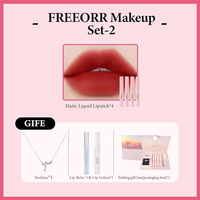 Makeup Set for Women, 7 Pcs Gift Box Set Include Matte Lipstick, Lip Balm, Lip Lotion and Necklace, Easy to Match with Different Makeup looks, Christmas Makeup Set Gift for Girls-02
