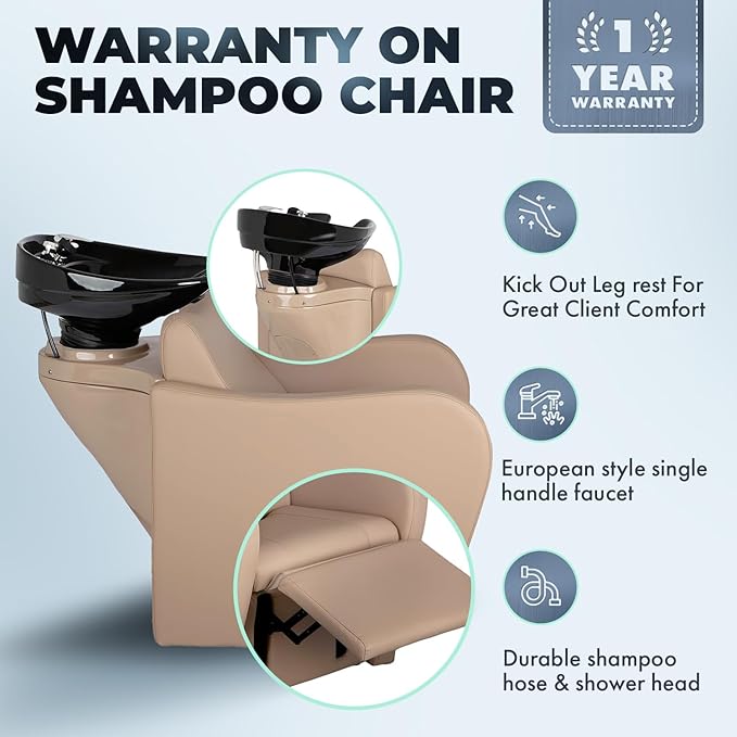 Buy-Rite Lexus Backwash Unit with Tilting Black Porcelain Shampoo Bowl, Extra Wide Foam Padded Seat, Kick-Out Leg Rest & European Style Single Handle Faucet - Sand Salon Shampoo Chair, TS-8018B