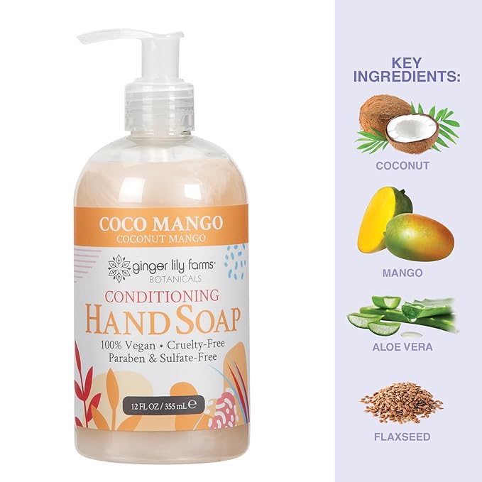 Ginger Lily Farms Botanicals Conditioning Liquid Hand Soap, Coco Mango, 100% Vegan & Cruelty-Free, Coconut Mango Scent, 12 Fl Oz