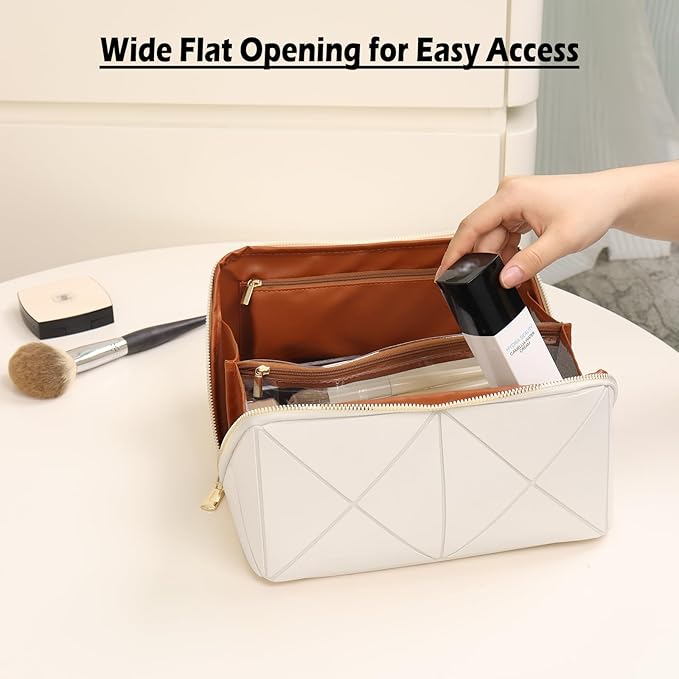 IMCUZUR Travel Makeup Bag Large Cosmetic Bag for Women, Open Flat Make up Bag Portable Skincare Bag with Handle (White)