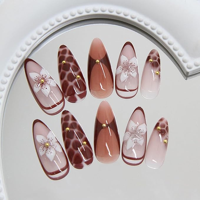 24Pcs Brown Flower Press on Nails Almond Medium Fake Nails with 3D Flower Bead Designs Leopard Brown Acrylic Nails Artificial Glue on Nails Full Cover Fall Stick on Nails for Women