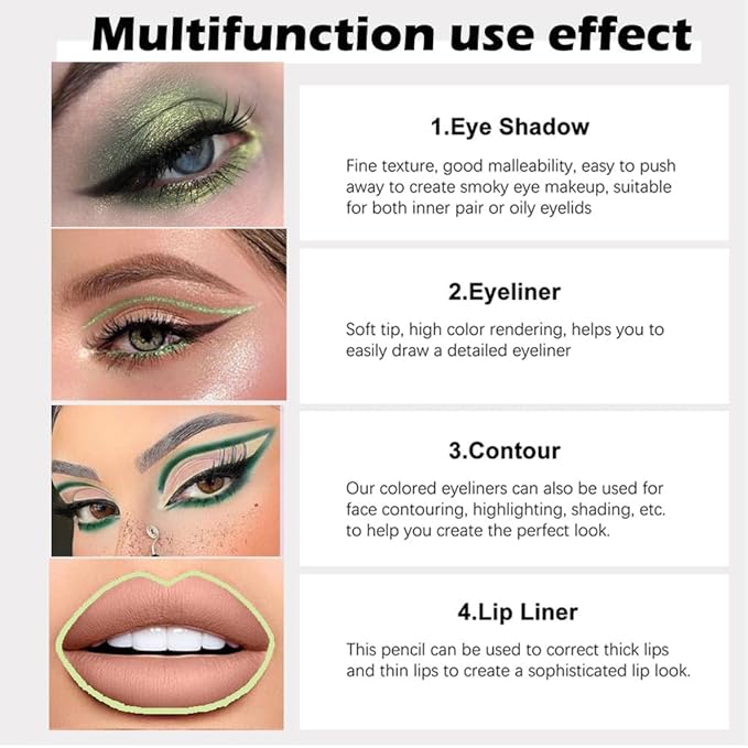 evpct 3Pcs Shimmer Emerald Green & Light Green & Shimmer Dark Green Gel Glitter Eyeliner Pencils Set for Women Waterproof Smudge Proof lapiz de ojos delineador de ojos contra el agua Eye Liner Makeup