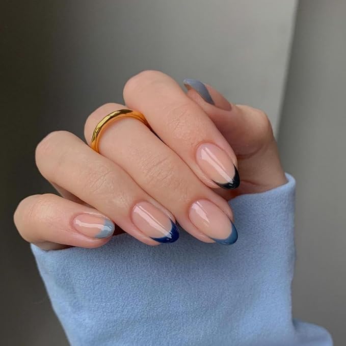 Colorful Blue French Tip Press on Nails Short Almond Nails Press ons, Short Fake Nails Almond Shaped Acrylic French Glue on Nails False Nail for Women, Natural Stiletto Nail 15 Sizes