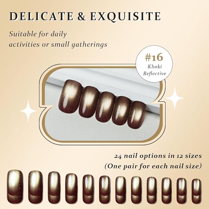 Cat Eye Brown Reflective Khaki Press On Nails Medium Long Length Square, Designer Reusable Acrylic Fake Nail, Glossy Gel Nails Wedding Party, Stick On Glue On Nail, Nails Press Ons for Women