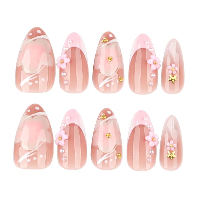 3D Flower Press on Nails 24Pcs White French Acrylic Full Cover Fake Nails Peach Blossom Gel Glue on Fingernails Glossy Pink Gradient Medium Almond False Nail Pearl Stick on Nail for Holiday Manicure