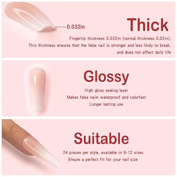 Yivaiks Nude Long Press on Nails Coffin Gradual Natural Artificial Nails for Women Fake Nails Kit 24pcs