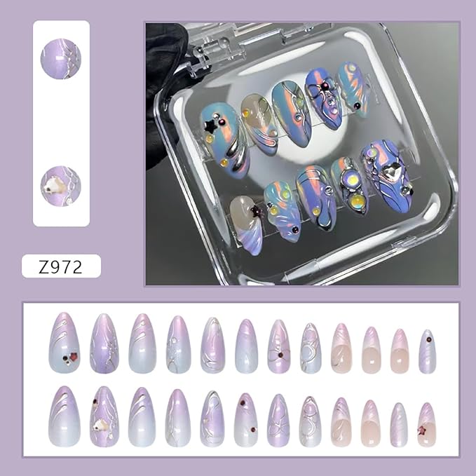 24Pcs French Tip Press on Nails Medium Almond Fake Nails 3D Star Heart Charms Rhinestones Glitter Y2k Designs Laser Chrome Nails Glue on Nails Gradient Purple False Nails for Women Girls Acrylic Nails