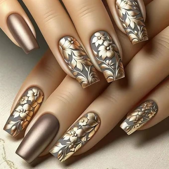 Medium Square Acrylic Nails, 24Pcs Glossy Floral Designs, Full Cover Artificial Nails, Press On Nails, Brown, Style 6