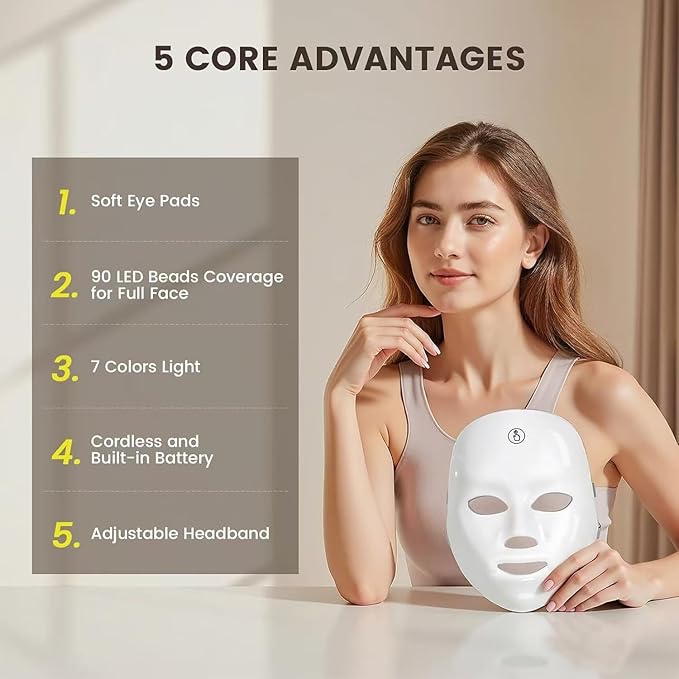 Multi-Color LED Glow Facial Mask - Rechargeable Beauty Lighting Device with Auto Timer (White)