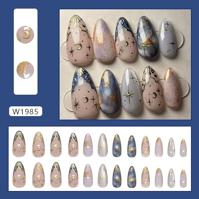 24Pcs Gold Star Press on Nails Medium Almond Fake Nails 3D Gold Chrome Star Moon Glossy Designs Nude Pink Stick on Nails French Tip False Nails Full Cover Acrylic Artificial Nails for Women Girls