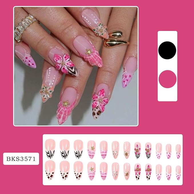 Long Almond Press on Nails Fake Nails Gradient Floral Animal Print Stick on Nail for Women 24pcs