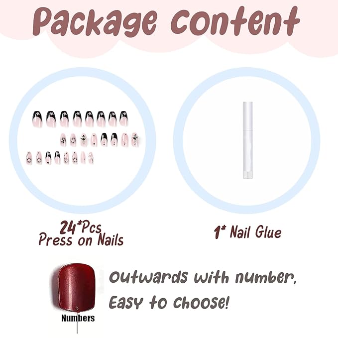 BABALAL Coffin Press on Nails Medium Fake Nails Black Glue on Nails French Ballerina Acrylic Nails with Star Design Goth Stick on Nails for Women and Girls 24Pcs