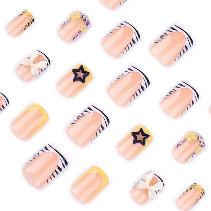 Short Square Press on Nails Bow Fake Nails French Tips False Nails Zebra Print 3D Bow Flower Star with Rhinestone Design Cute Stick on Nail Acrylic Artificial Nail for Women Decor Manicure Accessories