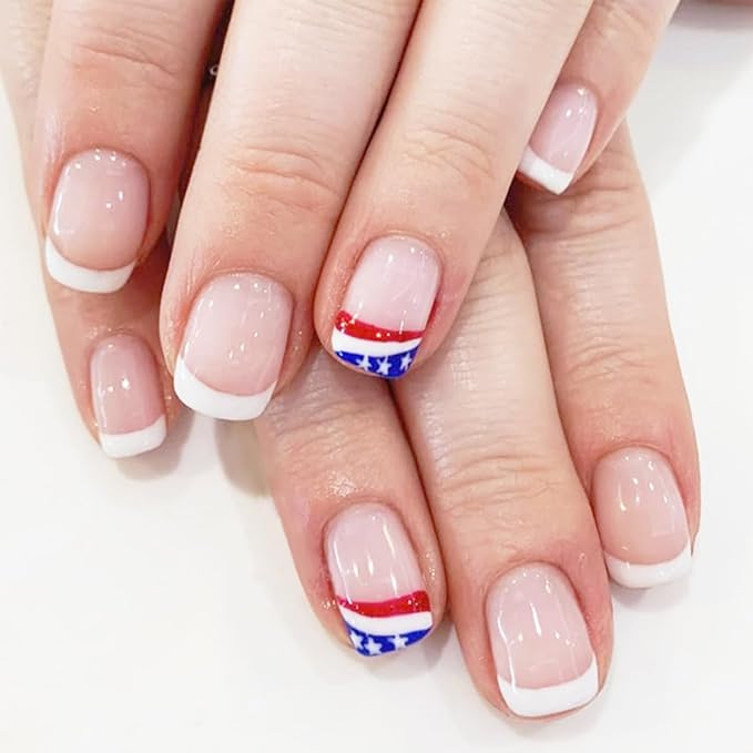 24Pcs Independence Day French Tip Press on Nails Short Square Fake Nails with USA Flag Nail Tips Design 4th of July Acrylic Glue on Nails Patriotic False Nails Full Cover Stick on Nails for Women