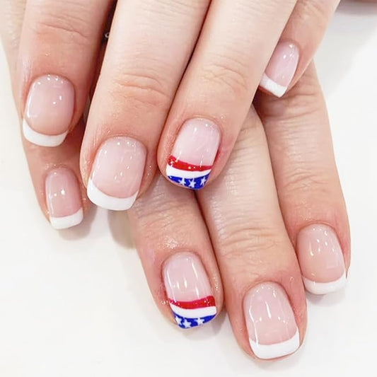 24Pcs Independence Day French Tip Press on Nails Short Square Fake Nails with USA Flag Nail Tips Design 4th of July Acrylic Glue on Nails Patriotic False Nails Full Cover Stick on Nails for Women