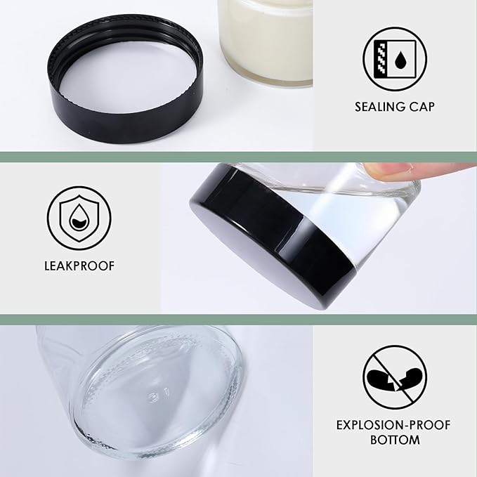 1oz Jars with Lids, HOA Kinh 4 Pack Clear Glass Jars Empty Cosmetic Containers Round Airtight Glass Jar with Inner Liners and black Lids for Storing Lotions, Powders, and Ointments