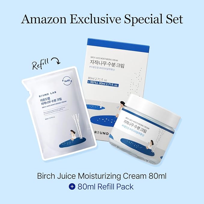 ROUND LAB Birch Juice Moisturizing Cream Refill Set, 80ml + 80ml Refill | 48-Hour Deep Hydration Korean Moisturizer with Vita Hyaluronic Acid | Long-Lasting Moisturizing Care for Sensitive Skin