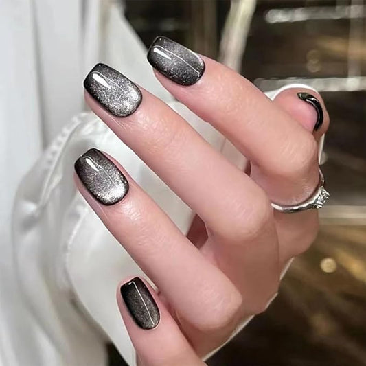 Cat Eye Black Press On Nails Short Square, Designer Reusable Acrylic Fake Nails with Glue, Glossy Soft Gel Nails Wedding and Party, Stick On Glue On Nails, Nails Press Ons fro Women