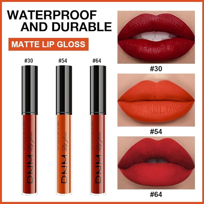 3Pcs Matte Liquid Lipstick Set, Long Lasting Waterproof Non-Transfer Lip Gloss, brick red Classic Red Lip Stain Kit for Women, Lip Stain Long Lasting 24 Waterproof Gift Makeup for Women Lippies
