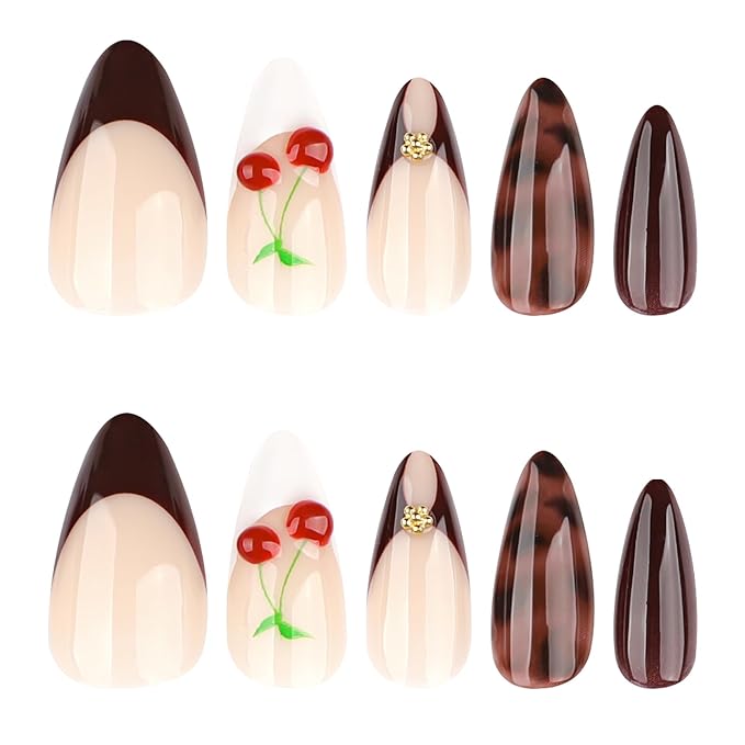 Long Almond Press on Nails Burgundy Nude Cherry Fake Nails with Gold Studs Elegant Vintage False Nail Stick on Nail for Women 24pcs