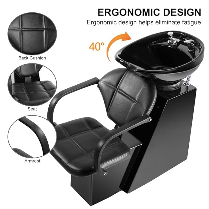 Artist hand Shampoo Bowl Backwash Barber Chair Adjustable Ceramic Bowl Sink W/Rubber Headrest for Salon Beauty Spa Equipment (Black)