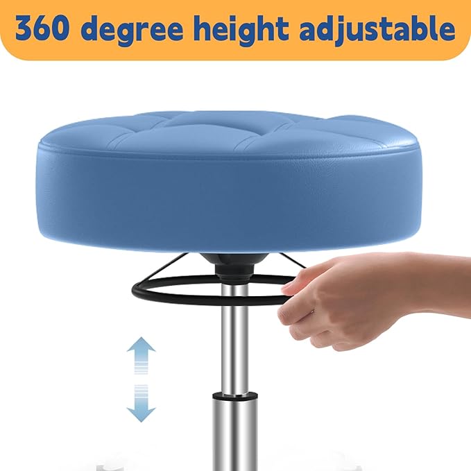 Rolling Stool Heavy Duty 400lb: Super Soft Seat Cushion,360° Swive,Height Adjustability,No Squeaky Noises,No Tip Over,New Upgraded Stool Salon Stool Chair, Tattoo Facial Massage Spa Medical (Blue)