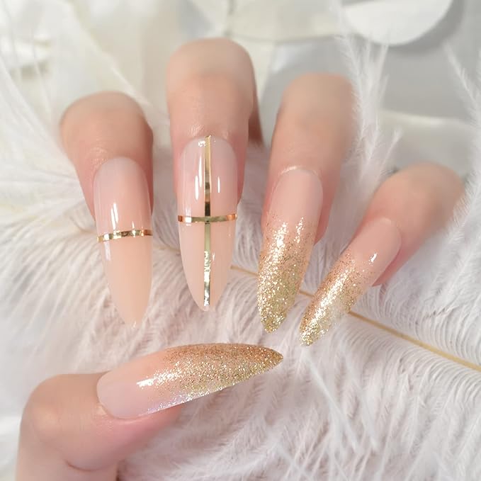 Beige Nude Glitter French Press on False Nails Super Long Stiletto Salon DIY Manicure Reusable Fake Acrylic Nail Art Tips for Women Girls with Jelly Adhesive Tabs Nail FileC