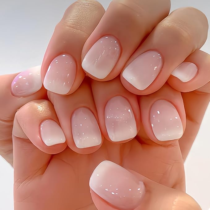 KQueenest French Pink Press on Nails Short Square, Gradient Pink Nails Set, Glazed Gel Nails Press on Acrylic, Pure Fake Nails Short Nails Glue on Natural, Small Stick on Nails for Women Finger Wear