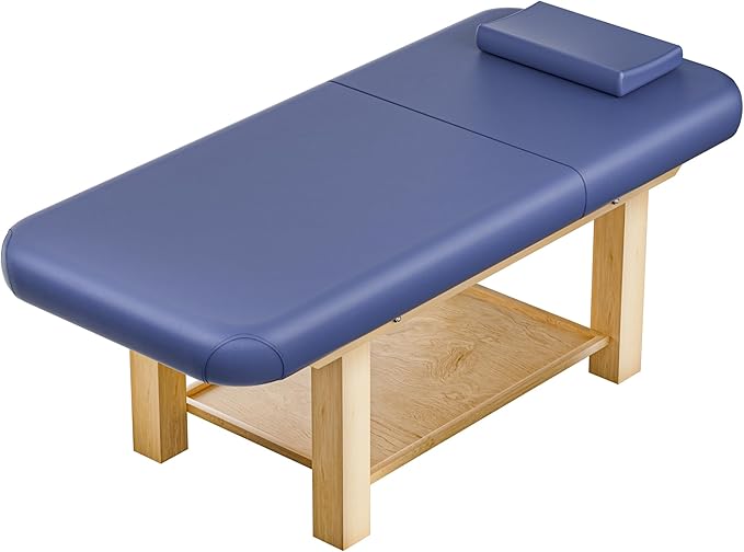 Massage Table 28IN Wide with Hight Adjustable Backrest for Treatment, Blue Leather Professional Spa Bed Load1500 LBS, Spa Table with Storage for Footmassage Facial CareSpa Tattoo