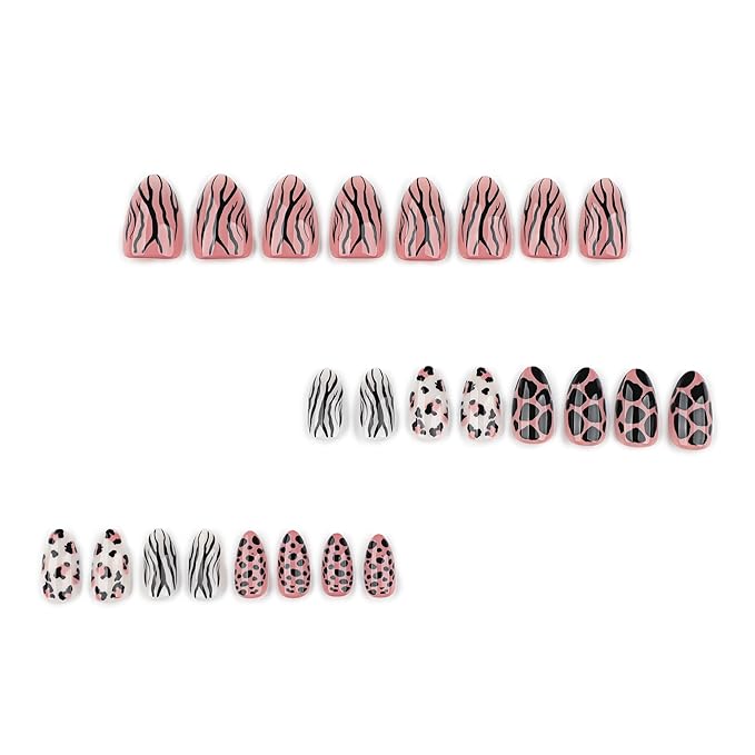 Nude Brown Almond Press On Nails Short, Edgy Fake Nails with Leopard and Zebra Detail, Glossy Gel Finish Acrylic Nails, Reusable Glue On Nail Kit for Women, Trendy Mixed Animal Design False Nail