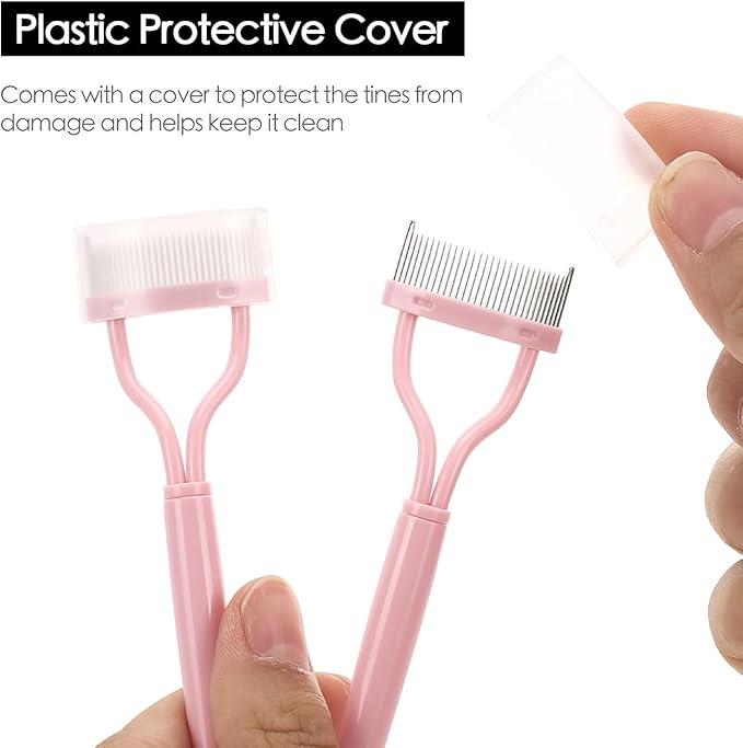 Stainless Steel Eyelash Curler with Comb and Eyelash Brush Fit Suitable for Any Eye Shapes and Sizes, with 5 Silicone Refill Pads (Hazy Pink Set)