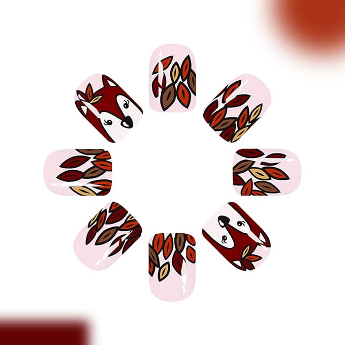 Fall Press on Nails Short Square Fake Nails with Fallen Leaf Designs Nude Acrylic Glue on Nail Cute Squirrel Stick on Nails Glossy Reusable Thanksgiving False Nail for Women Autumn Manicure 24pcs