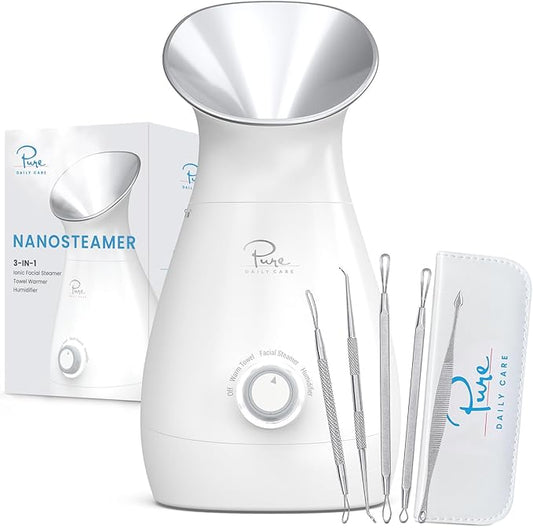 Pure Daily Care NanoSteamer Large 3-in-1 Nano Ionic Facial Steamer with Precise Temp Control - Humidifier - Unclogs Pores - Blackheads - Spa Quality - Bonus 5 Piece Stainless Steel Skin Kit (Silver)