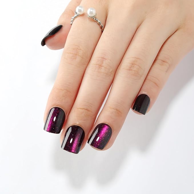 Purple Press On Nails Short Square, Purple to Black Gradient Cat Eye Press on Nails with Glue for Women Ashionable Gel False Nails Reusable Acrylic False Nails Women's Glitter Nails Glue On Nails Kit
