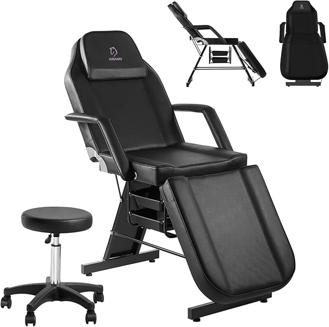 Tattoo Chair Adjustable,Facial Chair Multipurpose 73 Inch Spa Facial Bed with Massage Equipment Stool for Beauty Spa Tattoo, Black