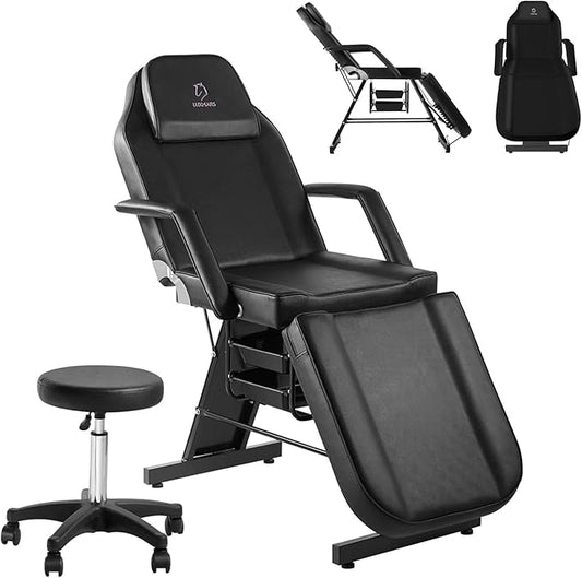 Tattoo Chair Adjustable,Facial Chair Multipurpose 73 Inch Spa Facial Bed with Massage Equipment Stool for Beauty Spa Tattoo, Black