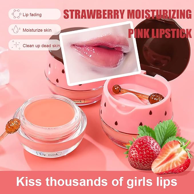 4PCS Strawberry & Bee Lip Balm Honey Pot, Vitamin E & Moisturizing Propolis Sleeping Lip Mask, Effective Reduces Lip Lines Prevention Dry and Cracked Scrubs Exfoliator Smoothing Dry Lip Care