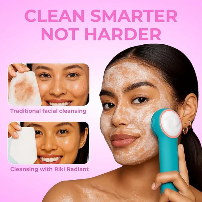 Riki Radiant Electric Silicone Face Scrubber - 2-in-1 Facial Rotating Vibrating Exfoliating Brush - Waterproof & Portable, Rechargeable, for Cleaning, Exfoliation, Massage, for Men & Women (Pink)