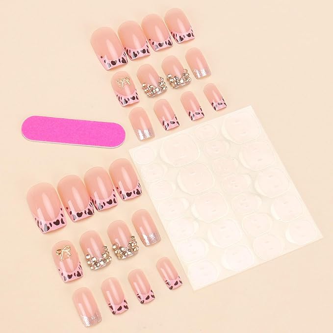 Fall Press on Nails Medium Square Fake Nails with Bow Leopard Print Rhinestones Designs Pink French Tip Nails Press ons Glitter False Nails for Women 24Pcs
