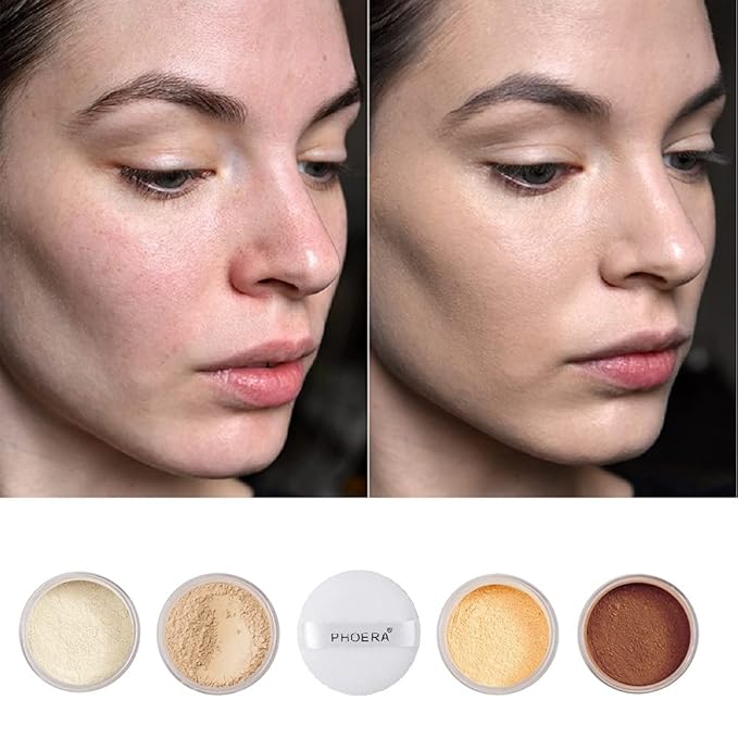2 Pcs PHOERA Setting Powder and Face Primer, Control Oil Brighten Skin Color Cover Face Setting Loose Powder。 (02 Cool Beige + makeup primer)