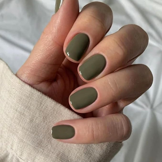 KQueenest Olive Green Press on Nails Short Square, Glazed Acrylic Nails Press on Solid Color, Natural Fake Nails Short, Reusable Stick on Nails for Women Finger Wear 24 Pcs