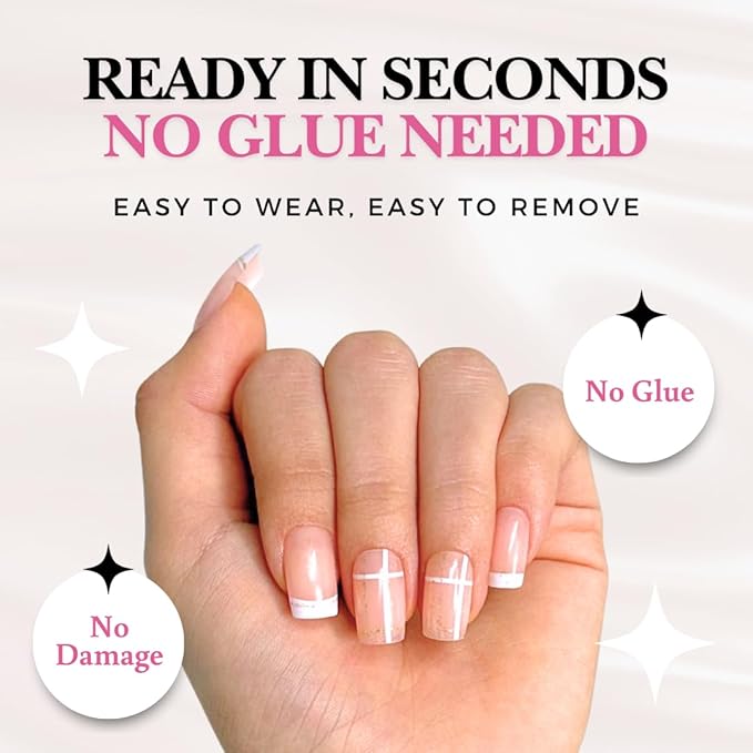 Perfect Look Press On Nails - Golden Grid | No Glue One-Day Short Square Nails, Nude French Tips with Checkered Line Design - 24 Pcs Nail Kit with Adhesive Tabs