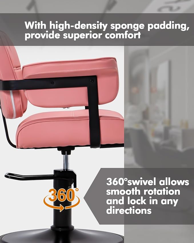 Barber Salon Chair, Extra Wide Hair Styling Chair with Heavy Duty Hydraulic Pump, 360° Swivel Height Adjustable Braiding Design, Luxury Beauty Salon and Barbershop Equipment, Pink