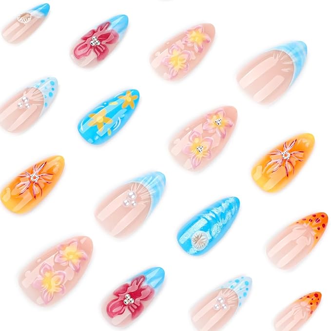 24Pcs Handmade Press on Nails Medium Almond French Tip Fake Nails with Pearl Designs 3D Flower False Nails Full Cover Artificial Glue on Nails Blue Pink Summer Acrylic Nails for Women DIY Nails Tips