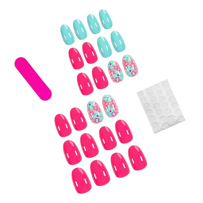 Flower Press on Nails Pink Fake Nails with Blue Design Floral Glue on Nails Glossy Artificial Acrylic Full Cover Stick on Nails Short Almond False Nails for Women Manicure 24Pcs