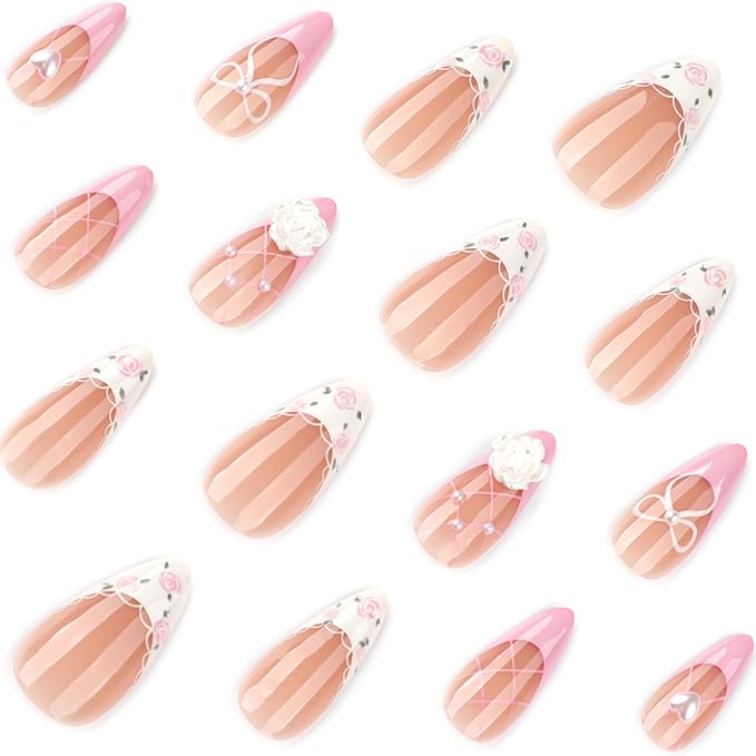 Handmade 3D Flower Pearl French Tips Press On Nails Almond Medium, Floral Bow French Tip Designer Reusable Acrylic Fake Nails With Cute Glue On Nails, Daily Wear Nails For Women Girls