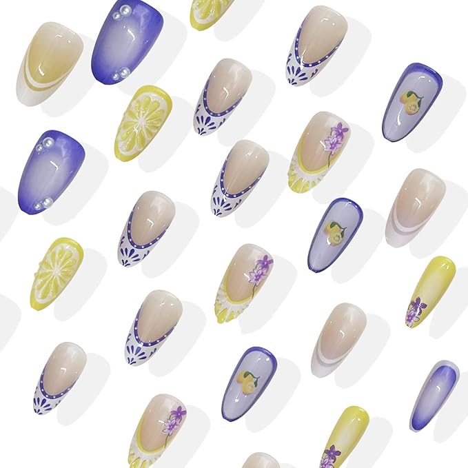 30Pcs Summer Press on Nails Almond Medium Fake Nails with Lemon Flower French Design False Nail Tip 3D Pearl Charms Stick on Nails Full Cover Artificial Glue on Nails for Women DIY Manicure Daily Wear