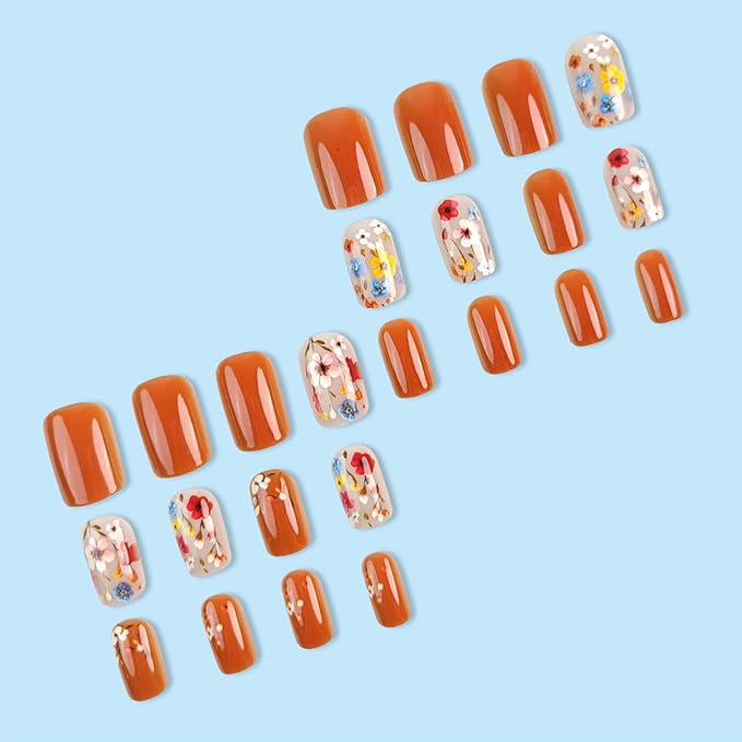 Blue Flower Press on Nails Glossy Orange Fake Nails Short Square Acrylic False Nails 24Pcs Colorful Flowers Stick on Nails Leaves Gel Glue on Nails for Coquette Women Girls