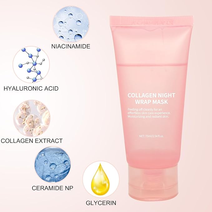 2025 Collagen Overnight Wrapping Peel Off Facial Mask with Jelly Brush, Elasticity & Hydration, Natural Ingredients for Firmer Skin, Reduces Sagging & Dullness, Korean Skin Care（75ml, 2.54 fl.oz)